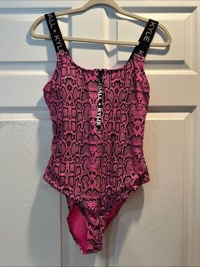 NWT! Kendall + Kylie Logo Brand Strap Front Zip Swimsuit Neon Pink Snake XL